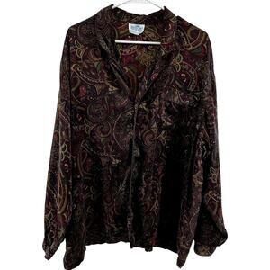 Winter Silks Paisley Button Down Pajama Top Pocket Oversized Lounge Purple XXL